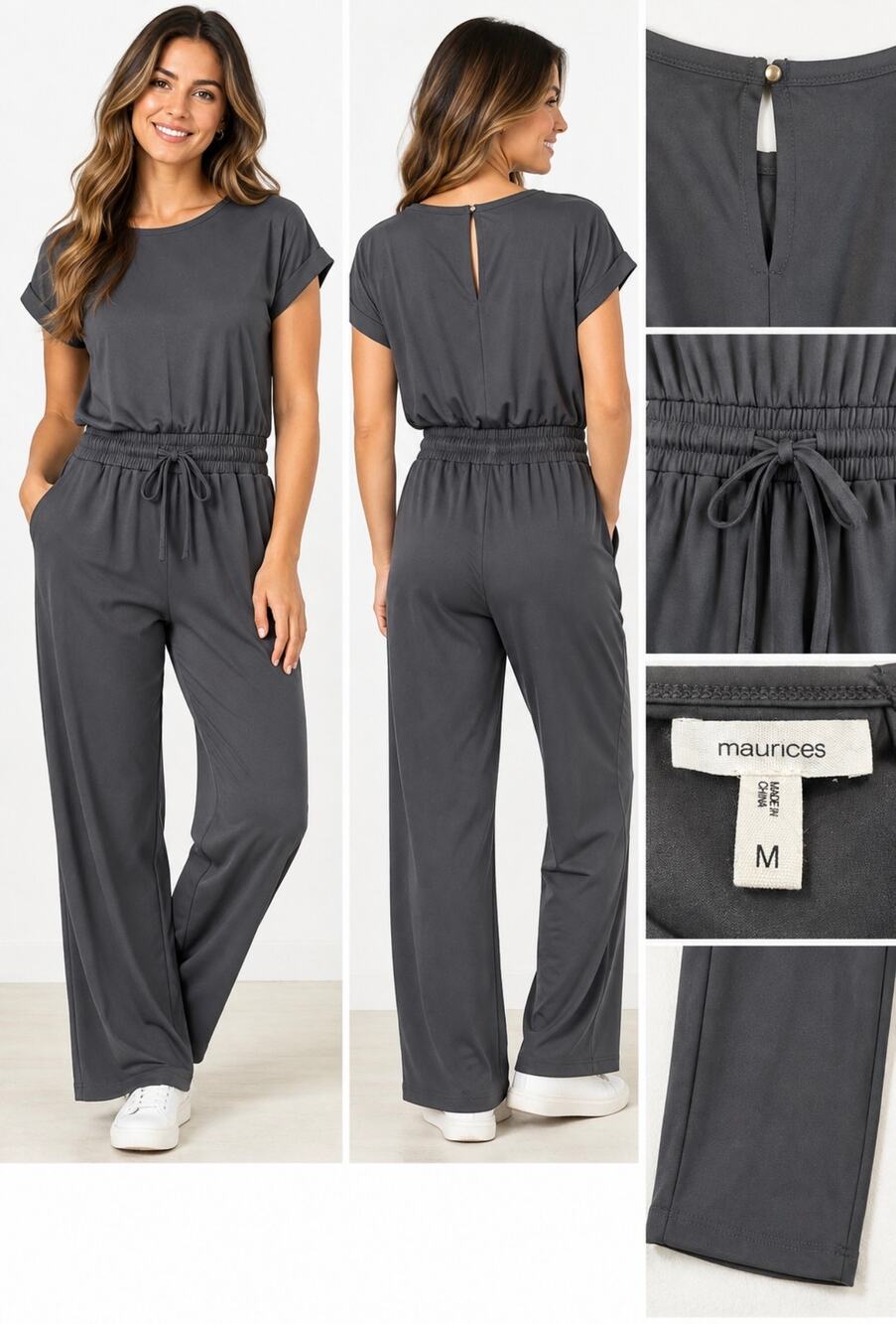 Maurices Charcoal Gray Jumpsuit Medium Wide Leg Drawstring Casual NWOT